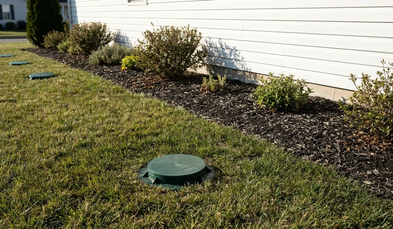 A termite bait station cap set in the lawn beside a house foundation